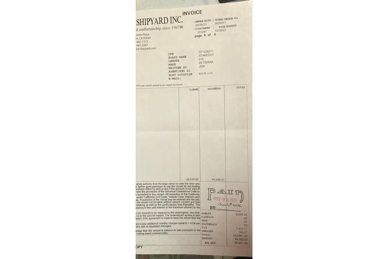 Slide: The Image of Invoice from Shipyard Inc. for a 2002 Tiara Yachts 2900 Open, marked as paid. - 85