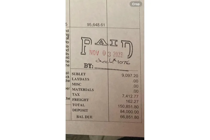 Slide: The Image of Receipt showing payment details for Tiara Yachts 2900 Open, dated November 3, 2023. - 86