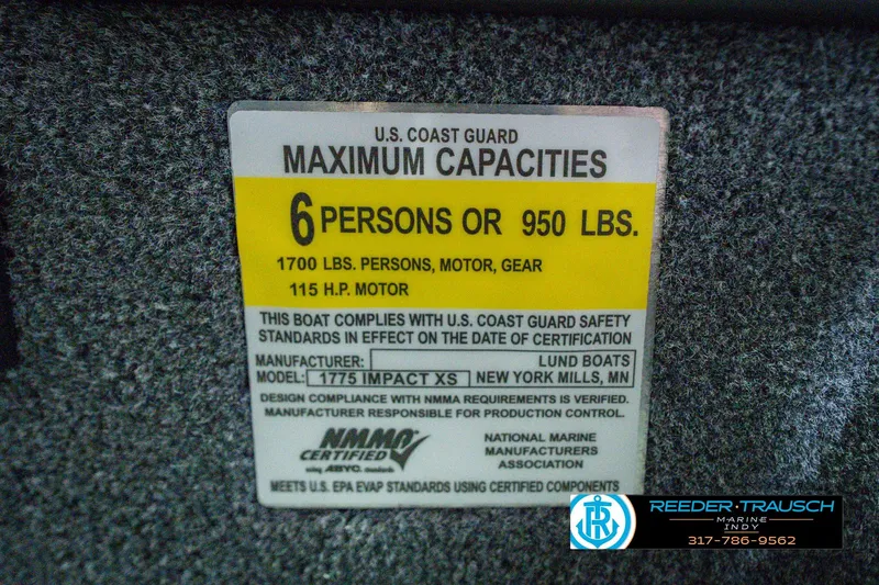 Slide: The Image of 2026 Lund 1775 Impact XS capacity label, 6 persons or 950 lbs, 115 HP motor. - 73