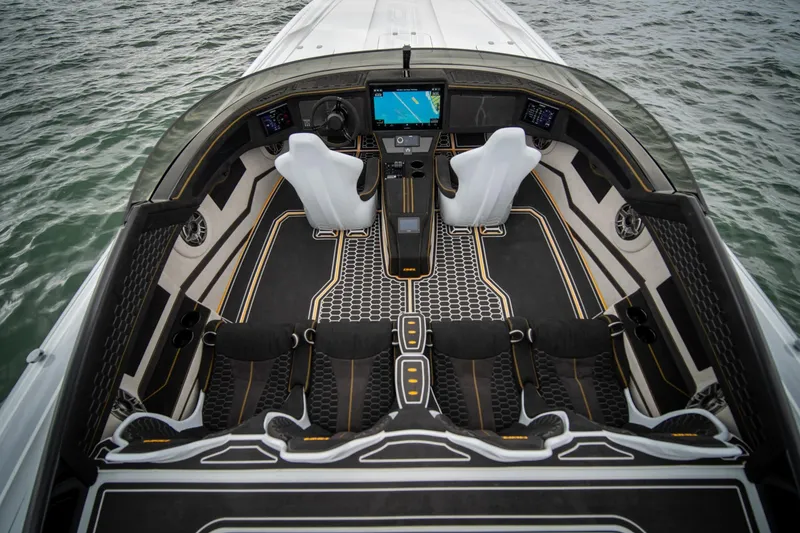 Slide: The Image of Interior of 2026 Doug Wright 36 boat with modern cockpit and seating. - 14