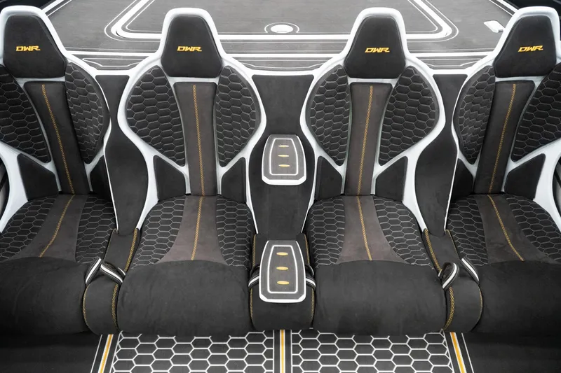 Slide: The Image of Luxurious Doug Wright 36 boat interior with sleek, modern seating design, 2026 model. - 16