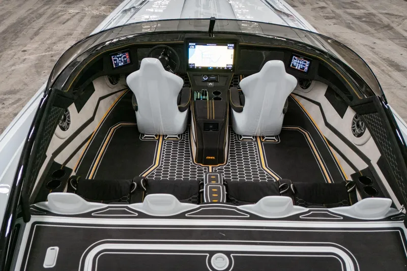 Slide: The Image of Interior of a 2026 Doug Wright 36 boat with modern cockpit design. - 6