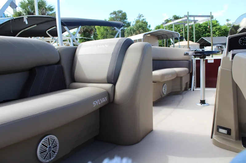 Slide: The Image of Interior of 2026 Sylvan Mirage Fish 820 Party Fish pontoon boat with plush seating. - 4