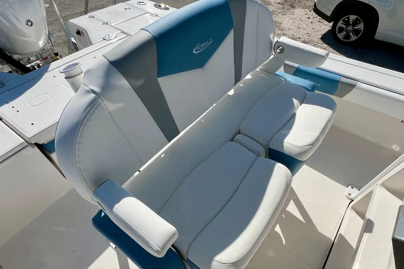 Slide: The Image of 2026 Robalo 246 Cayman boat seating area with white and blue upholstery. - 17