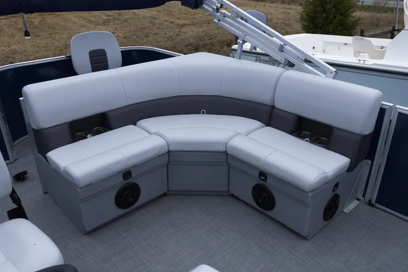 Slide: The Image of 2022 Bentley Pontoons Lil Bentley 180 Fish interior seating with gray upholstery and cup holders. - 10