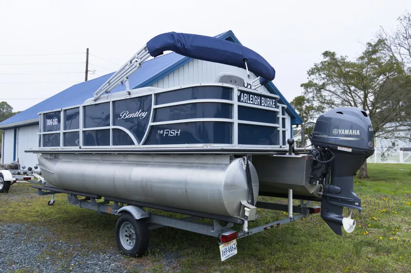 Slide: The Image of 2022 Bentley Pontoons Lil Bentley 180 Fish on trailer with Yamaha outboard motor. - 6