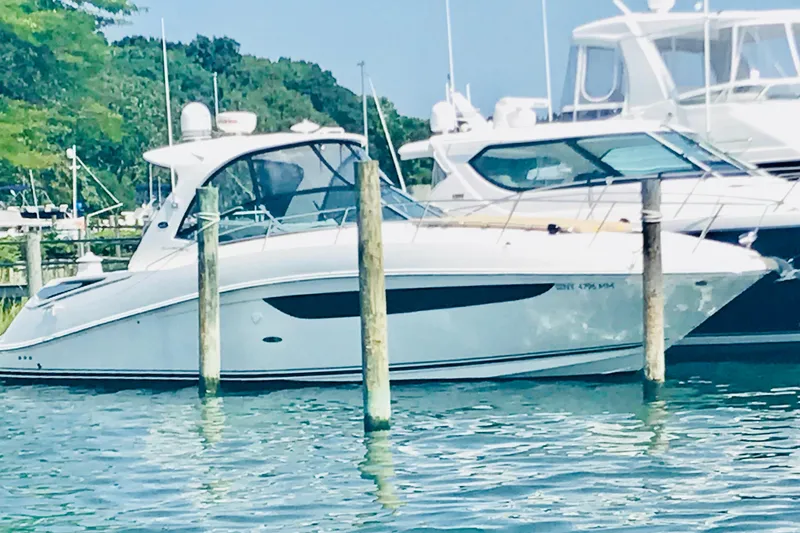 The Image of 2017 Sea Ray Sundancer 370 yacht docked in a marina, surrounded by water and greenery. - 0