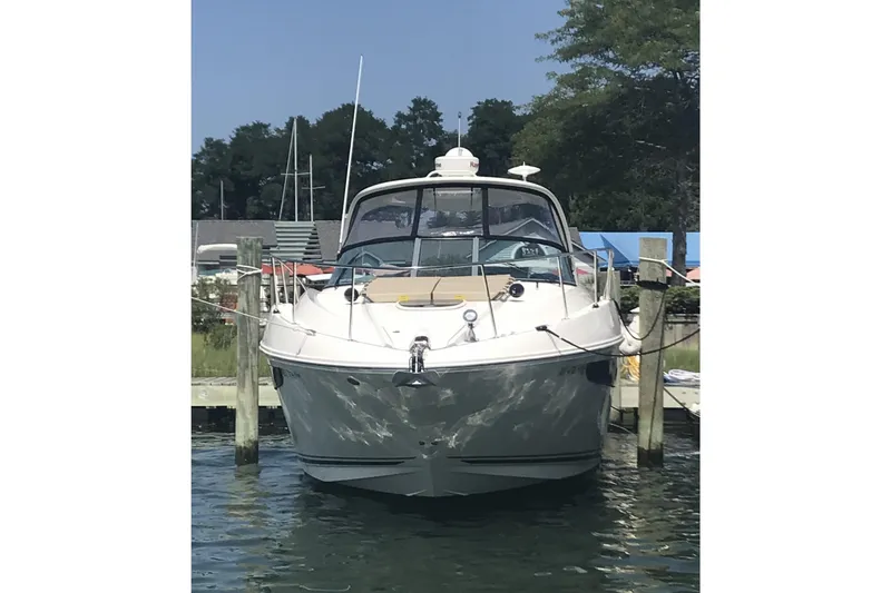 Slide: The Image of 2017 Sea Ray Sundancer 370 docked at a marina, front view. - 7