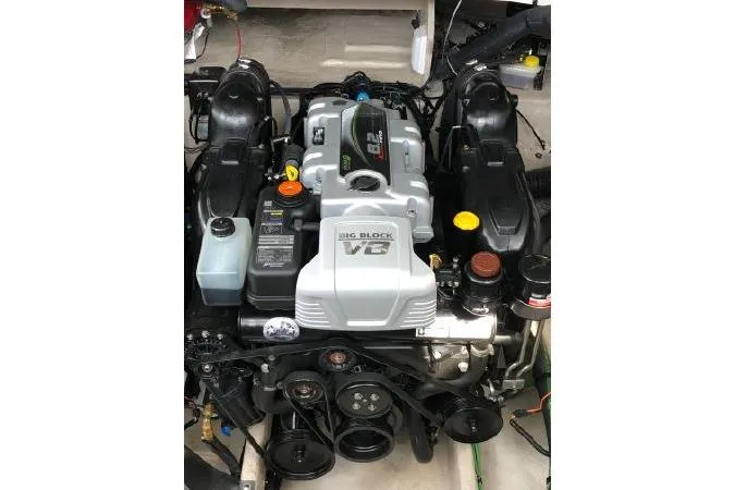 Slide: The Image of Engine of a 2017 Sea Ray Sundancer 370 boat, featuring a big block V8 design. - 29