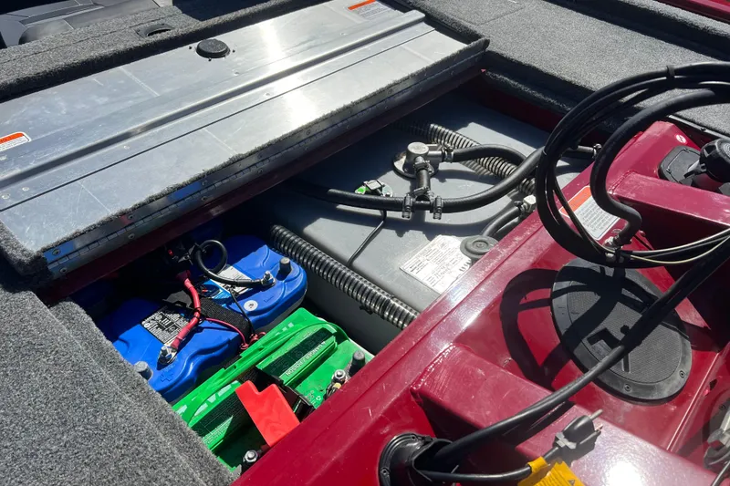 Slide: The Image of 2020 Tracker Pro Team 175 TXW boat battery compartment with wiring and components. - 14