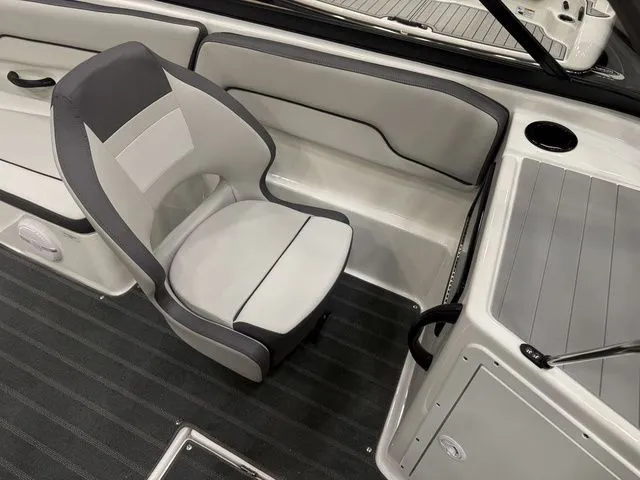 Slide: The Image of Interior of Yamaha SX190 boat, 2026 model, featuring gray seating. - 17