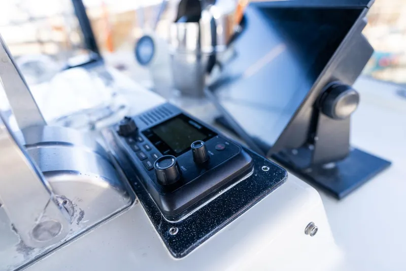 Slide: The Image of Close-up of 1986 Hatteras 63 Motor Yacht control panel with navigation equipment. - 136