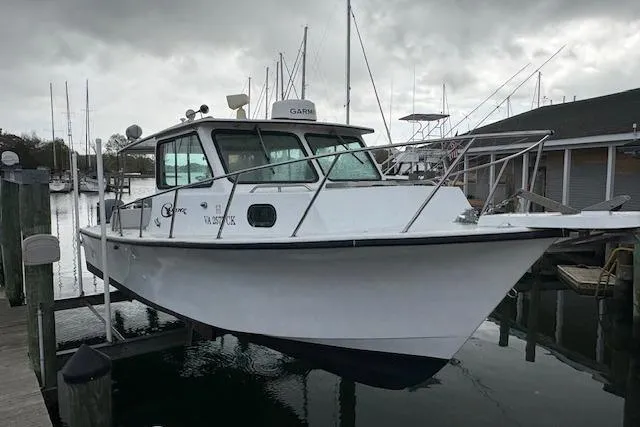Slide: The Image of 1989 C-Hawk 29 Sport Cabin boat docked at marina under cloudy skies. - 18