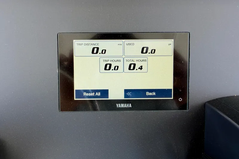 Slide: The Image of Yamaha display on 2027 Bay Rider 2260 FS Skiff showing trip data and fuel usage. - 19