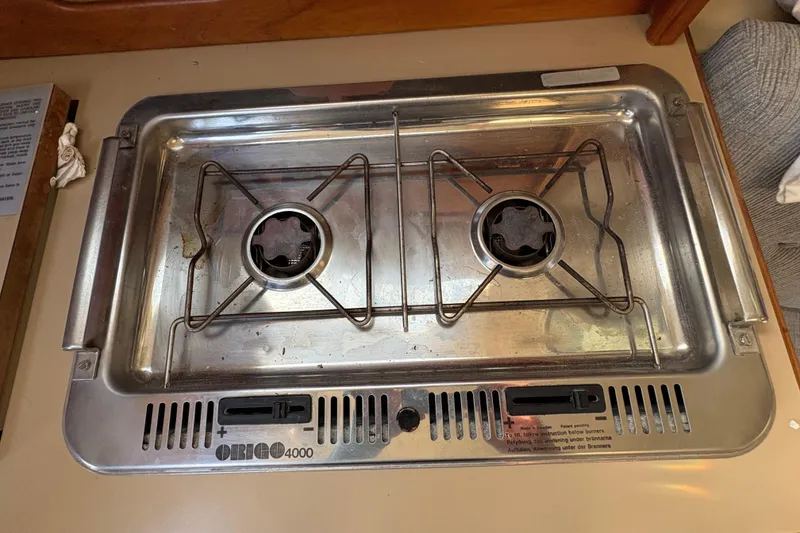 Slide: The Image of Stainless steel Origo 4000 stove in a 1993 Hunter 28 sailboat galley. - 47