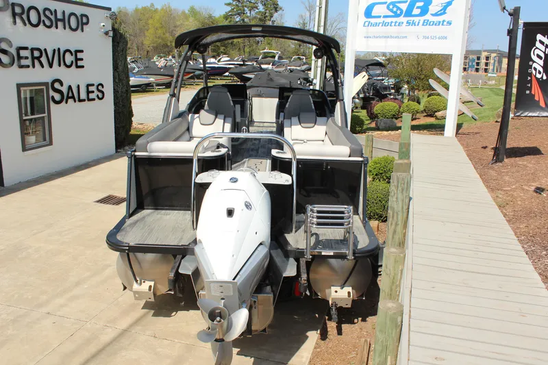 Slide: The Image of 2024 Tahoe Pontoon Cascade Quad Lounge Windshield at Charlotte Ski Boats dealership. - 5