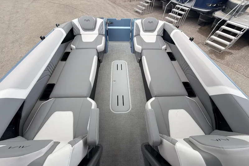 Slide: The Image of 2026 Avalon 2 boat interior with sleek gray seating and modern design. - 27
