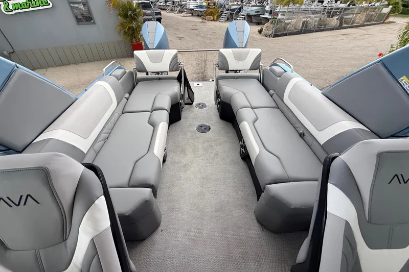 Slide: The Image of Luxurious 2026 Avalon 2 boat interior with plush gray seating and modern design. - 33