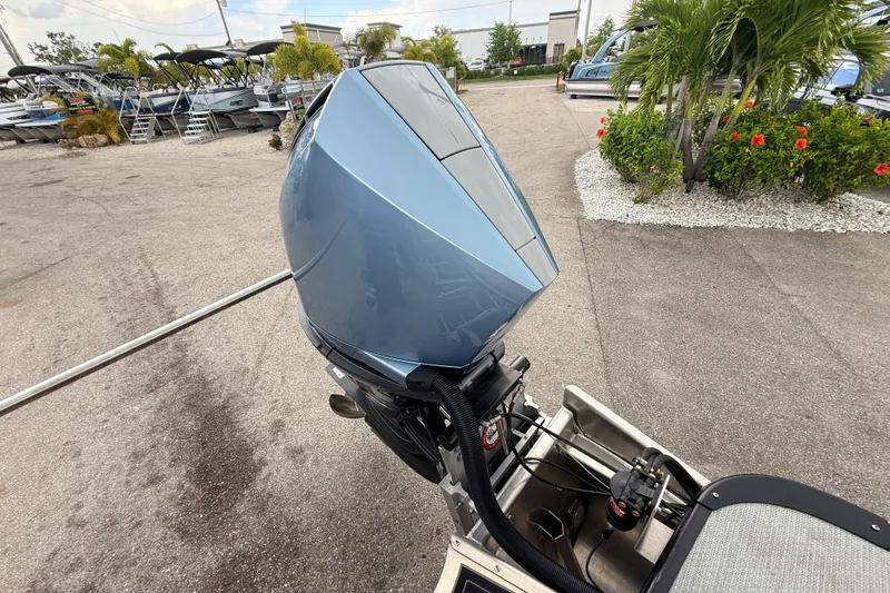 Slide: The Image of 2026 Avalon 2 boat motor in a marina setting with lush greenery. - 42