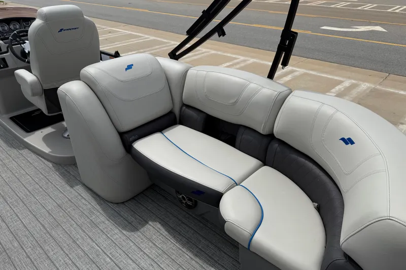 Slide: The Image of 2022 Starcraft SLS 3 boat interior with plush gray seating and modern design. - 37