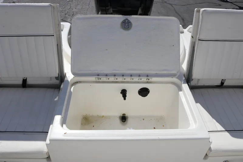 Slide: The Image of 2020 Bayliner Element boat storage compartment with open lid, showcasing interior details. - 16