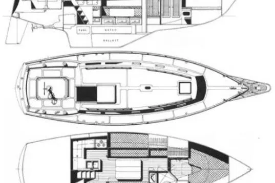 Slide: The Image of Blueprint of a 1977 Gulfstar 37 sailboat, showcasing interior layout and design details. - 21
