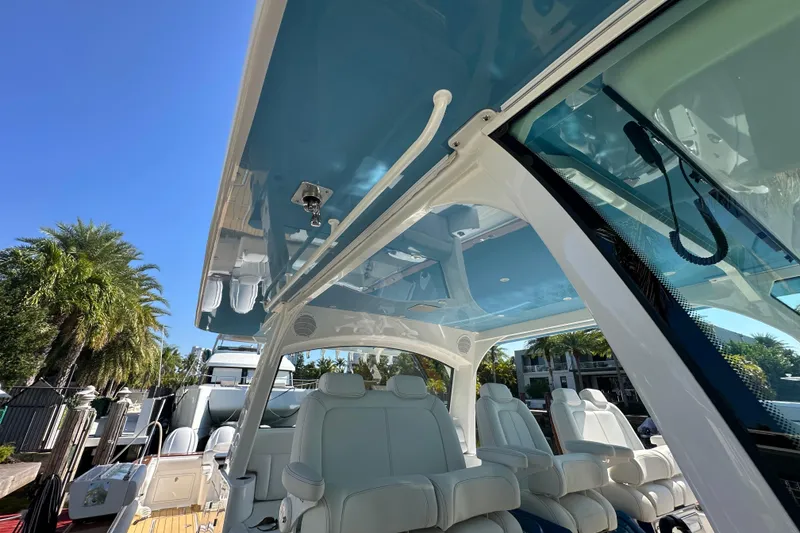 Slide: The Image of 2021 HCB 65 Estrella luxury boat interior with sleek seating and modern design. - 43