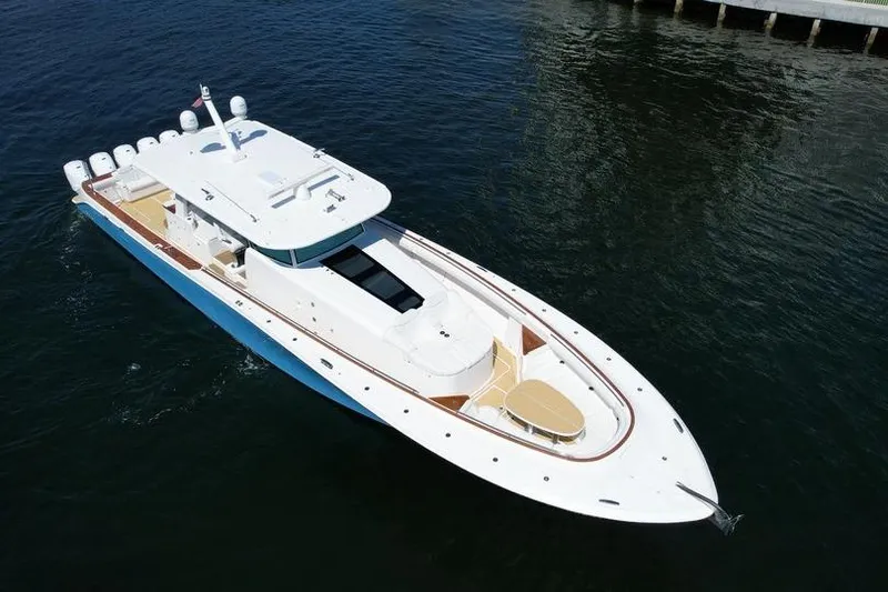 Slide: The Image of 2021 HCB 65 Estrella luxury yacht on calm water, aerial view. - 5