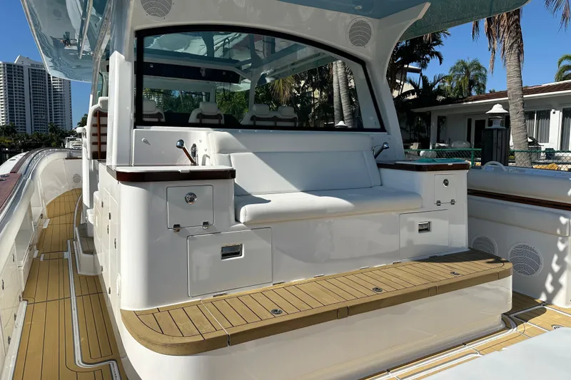 Slide: The Image of 2021 HCB 65 Estrella luxury yacht deck with seating and modern amenities. - 62