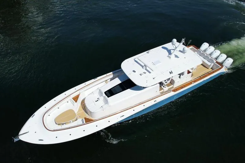 Slide: The Image of Aerial view of 2021 HCB 65 Estrella luxury yacht cruising on water. - 94