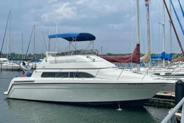 The Image of 1994 Carver 310 Santego yacht docked at marina with blue canopy. - 0