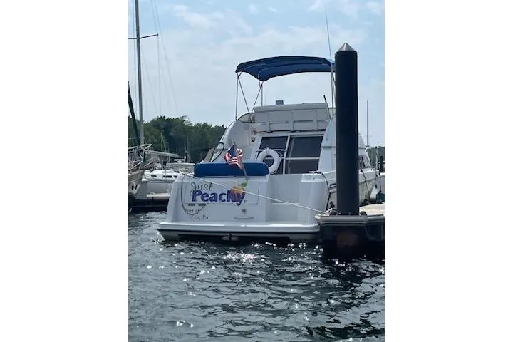 Slide: The Image of 1994 Carver 310 Santego boat docked, featuring "Just Peachy" name and American flag. - 2