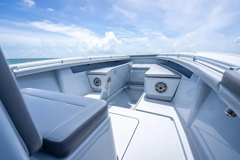 Slide: The Image of Interior of a 2021 Yellowfin 29 Offshore boat under sunny skies. - 34