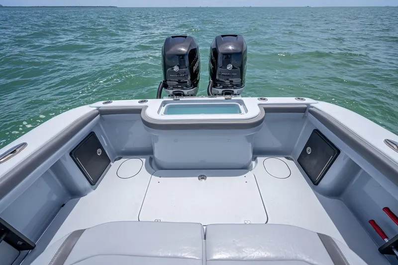 Slide: The Image of 2021 Yellowfin 29 Offshore boat with dual outboard engines. - 42