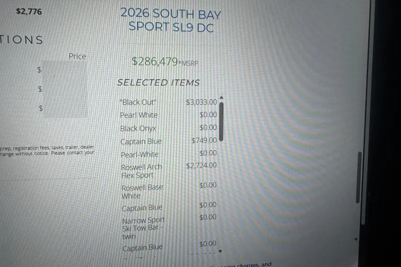 Slide: The Image of 2026 South Bay 25 Sport Twin pricing details with selected items and MSRP. - 28