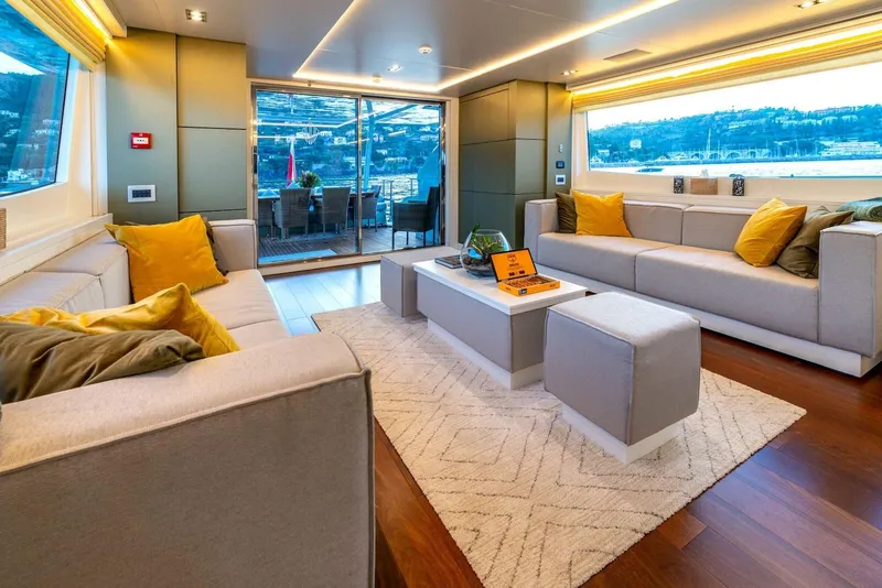 Slide: The Image of Luxurious interior of 2010 Peri Yachts 29M Custom with modern decor and scenic views. - 12