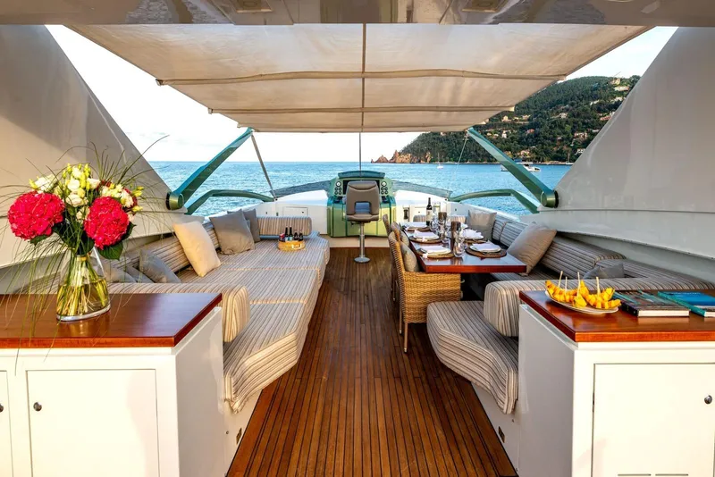 Slide: The Image of Luxurious 2010 Peri Yachts 29M Custom with elegant outdoor dining and lounging area. - 14