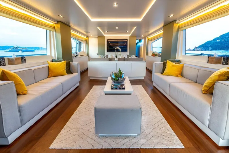 Slide: The Image of Luxurious interior of 2010 Peri Yachts 29M Custom, featuring elegant seating and modern decor. - 13