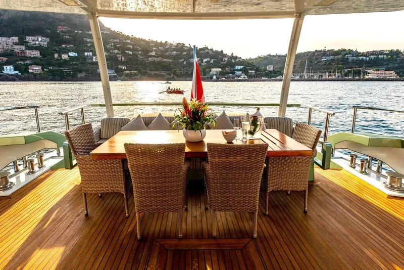 Slide: The Image of Luxurious deck of 2010 Peri Yachts 29M Custom, featuring elegant outdoor dining setup. - 7