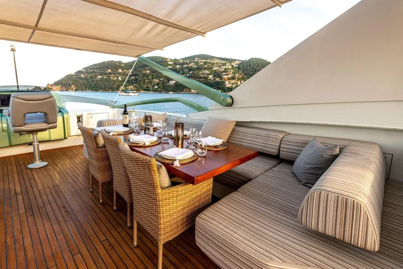Slide: The Image of Luxurious dining area on 2010 Peri Yachts 29M Custom, featuring elegant seating and scenic views. - 8