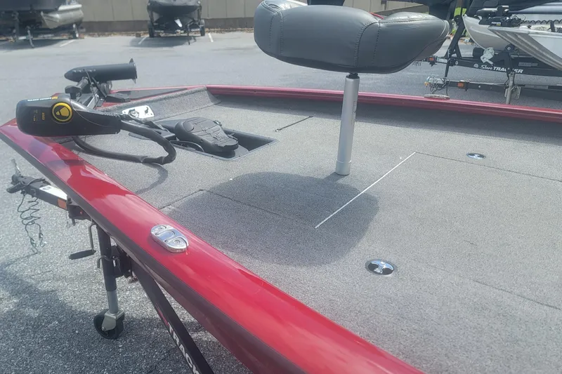 Slide: The Image of 2021 Tracker Pro Team 175 TXW boat deck with seat and trolling motor. - 7