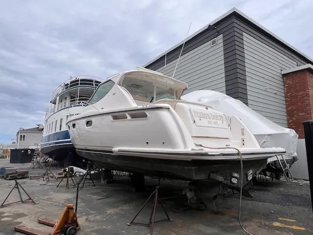 Slide: The Image of 2008 Tiara Yachts 3900 Sovran on dry dock, ready for maintenance. - 5