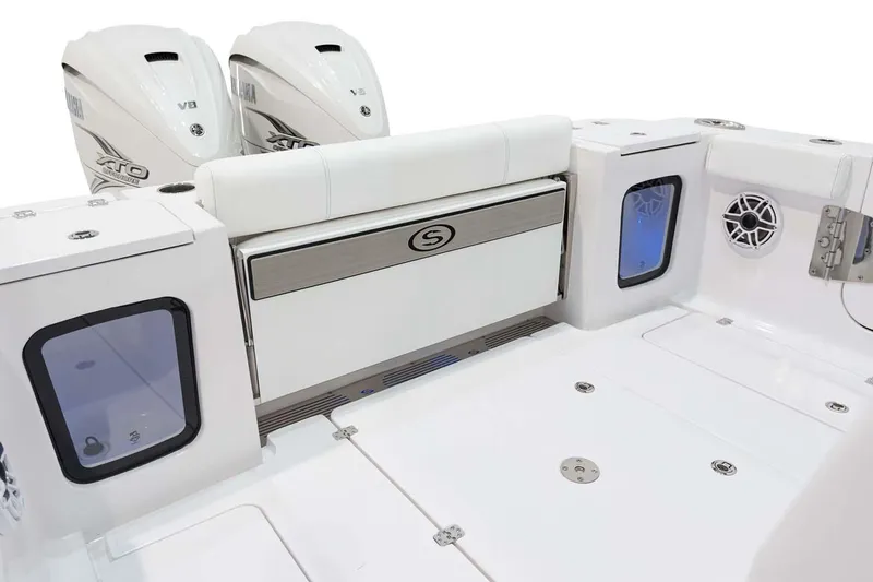 Slide: The Image of Manufacturer Provided Image: 2025 Sportsman Open 322 Center Console boat interior with dual engines and seating. - 18