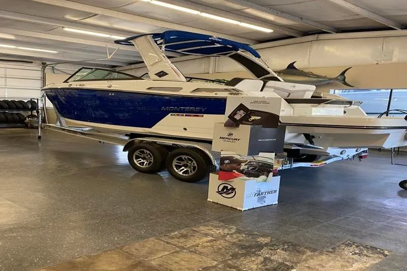 Slide: The Image of 2022 Monterey 255SS Super Sport boat on trailer in showroom. - 6