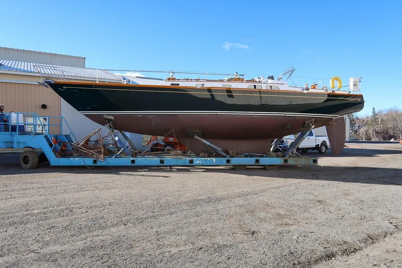 Slide: The Image of 1989 Hinckley Sou'wester 51 sailboat on trailer, ready for transport. - 70