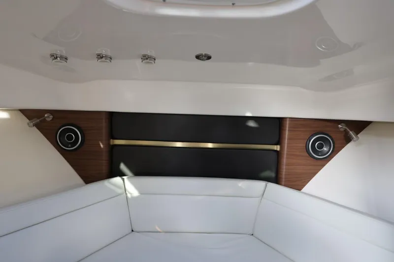 Slide: The Image of Interior cabin of 2025 Boston Whaler 325 Conquest with modern design and seating. - 35