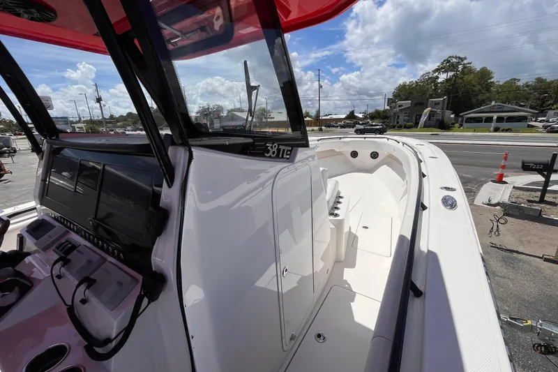 Slide: The Image of 2023 Fountain 38 Tournament Edition boat with sleek design and advanced controls. - 14