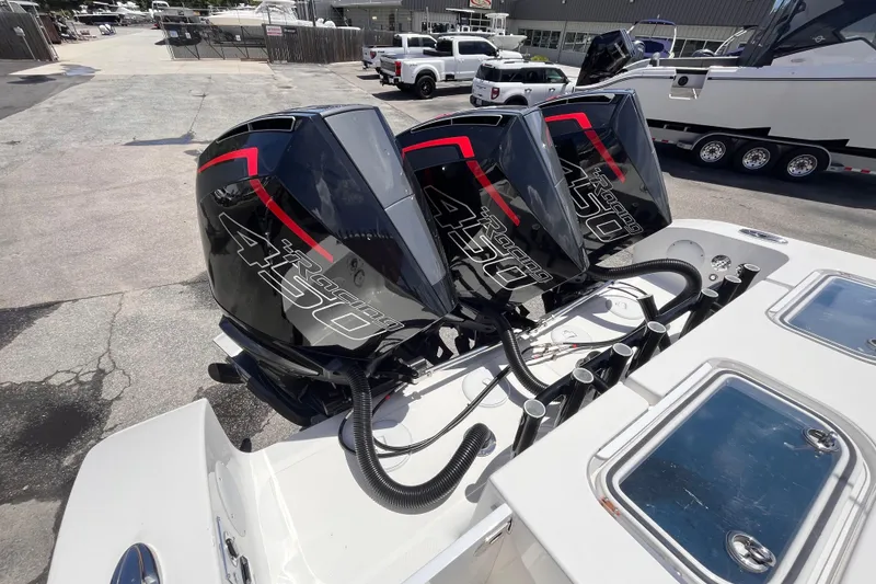 Slide: The Image of Triple Mercury Racing 450R engines on a 2023 Fountain 38 Tournament Edition boat. - 6