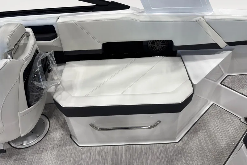 Slide: The Image of Interior of 2026 Cobalt R6 boat featuring sleek white seating and modern design elements. - 15