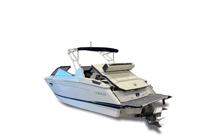 Slide: The Image of 2026 Cobalt R6 boat, sleek design, white exterior, rear view with swim platform. - 3